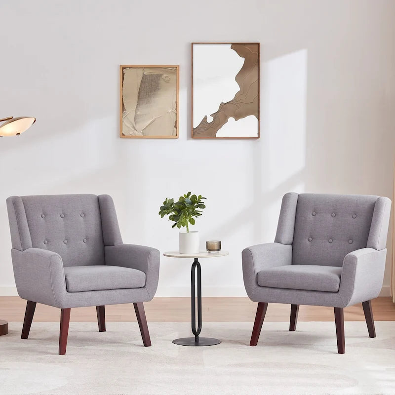 Newport Furnishings Set of 2 Modern Tufted Accent Chairs - Solid Wood & Linen