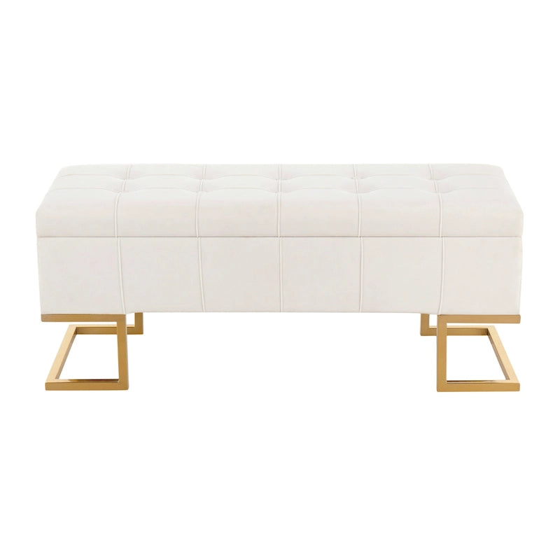 Newport Furnishings Velvet Storage Bench with Button-Tufted Lid & Gold Frame