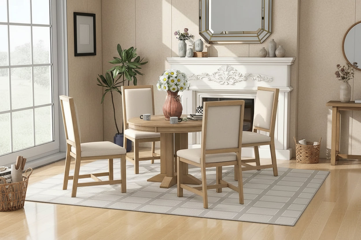 Farmhouse Retractable Round Table with 4 Upholstered Chairs