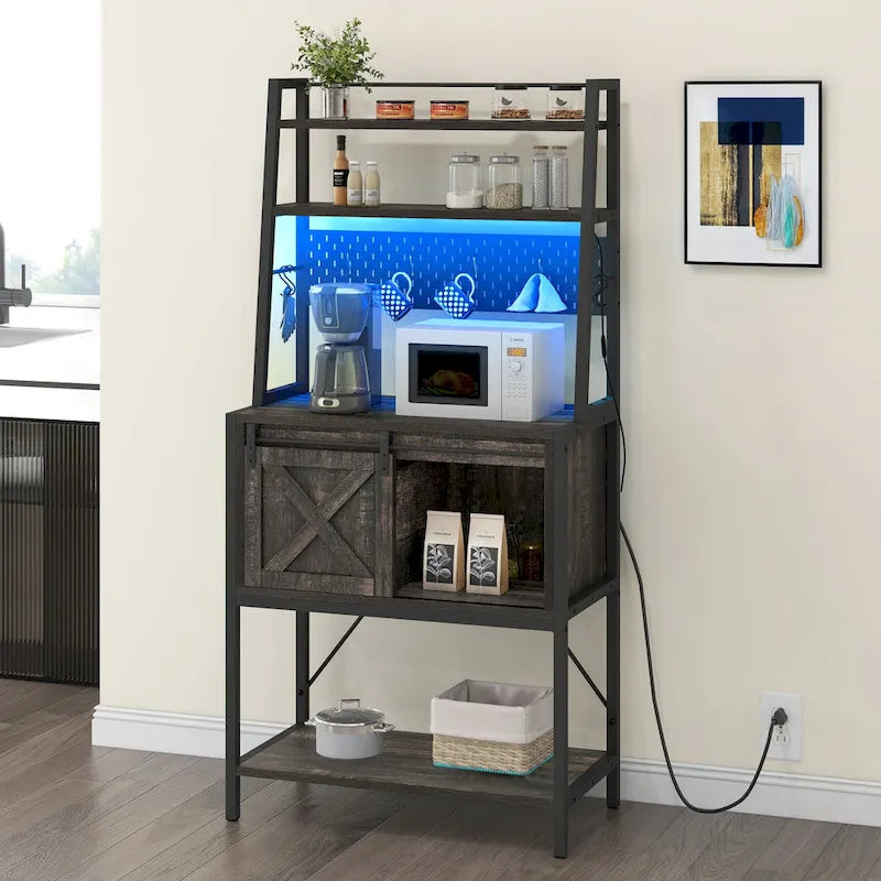 Newport Furnishings 5-Tier Kitchen Baker's Rack with Power Outlet, LED Lights & Sliding Cabinet