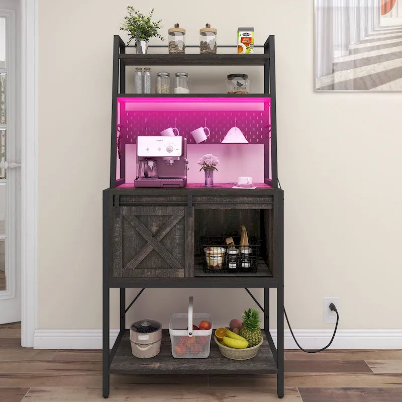 Newport Furnishings 5-Tier Kitchen Baker's Rack with Power Outlet, LED Lights & Sliding Cabinet