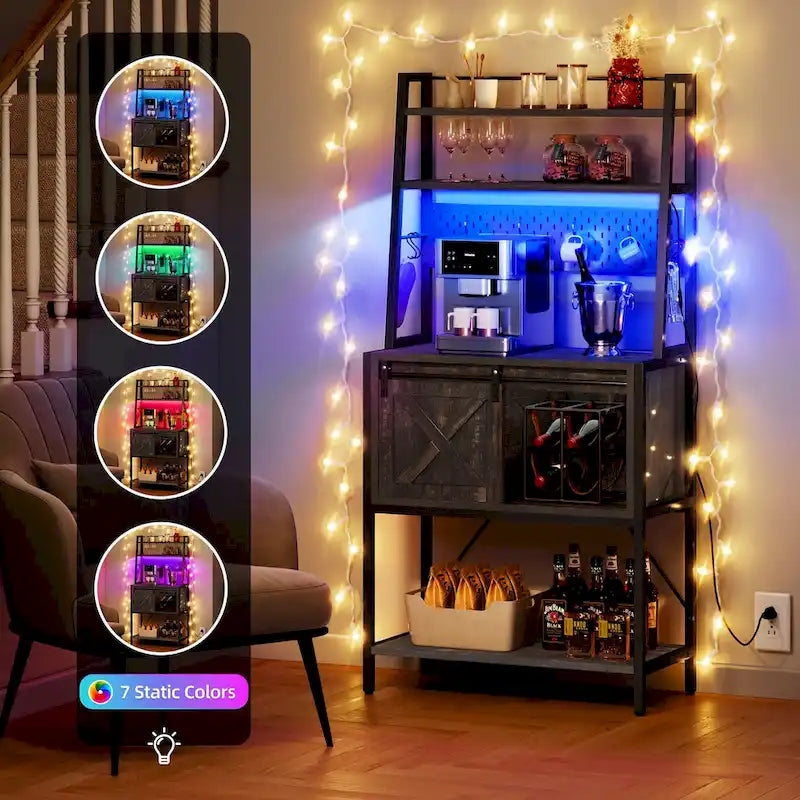 Newport Furnishings 5-Tier Kitchen Baker's Rack with Power Outlet, LED Lights & Sliding Cabinet