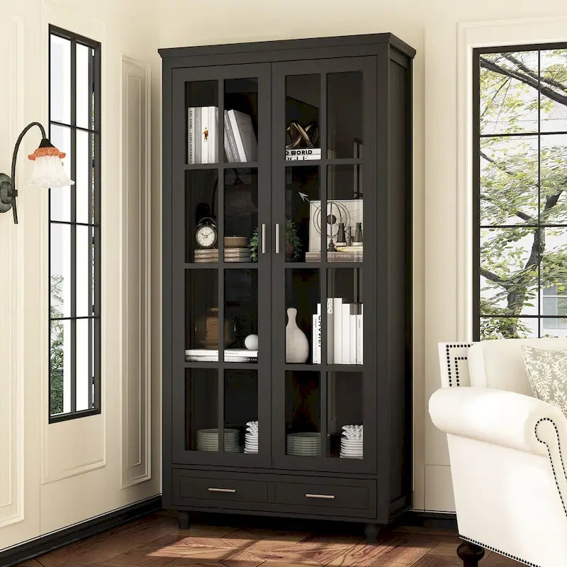 White Bookcase with Glass Doors Display Cabinet Bookshelf Organizer - 70.9Hx36.2W