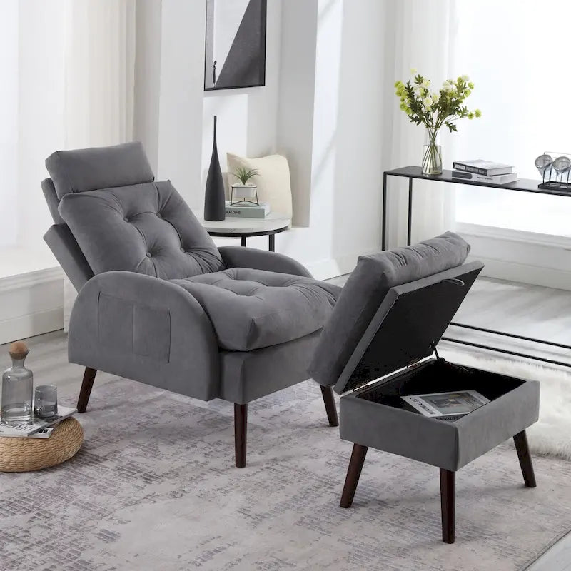 Newport Furnishings Adjustable Chaise Lounge Chair with Storage Ottoman - Cream Velvet