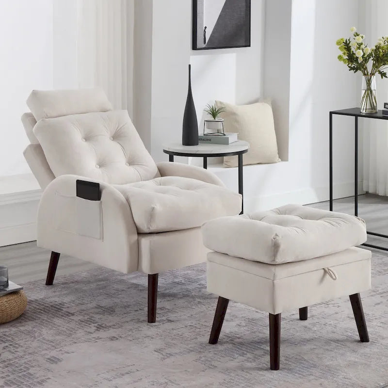 Newport Furnishings Adjustable Chaise Lounge Chair with Storage Ottoman - Cream Velvet