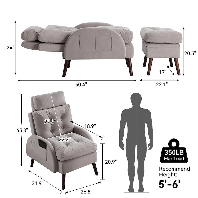 Newport Furnishings Adjustable Chaise Lounge Chair with Storage Ottoman - Cream Velvet