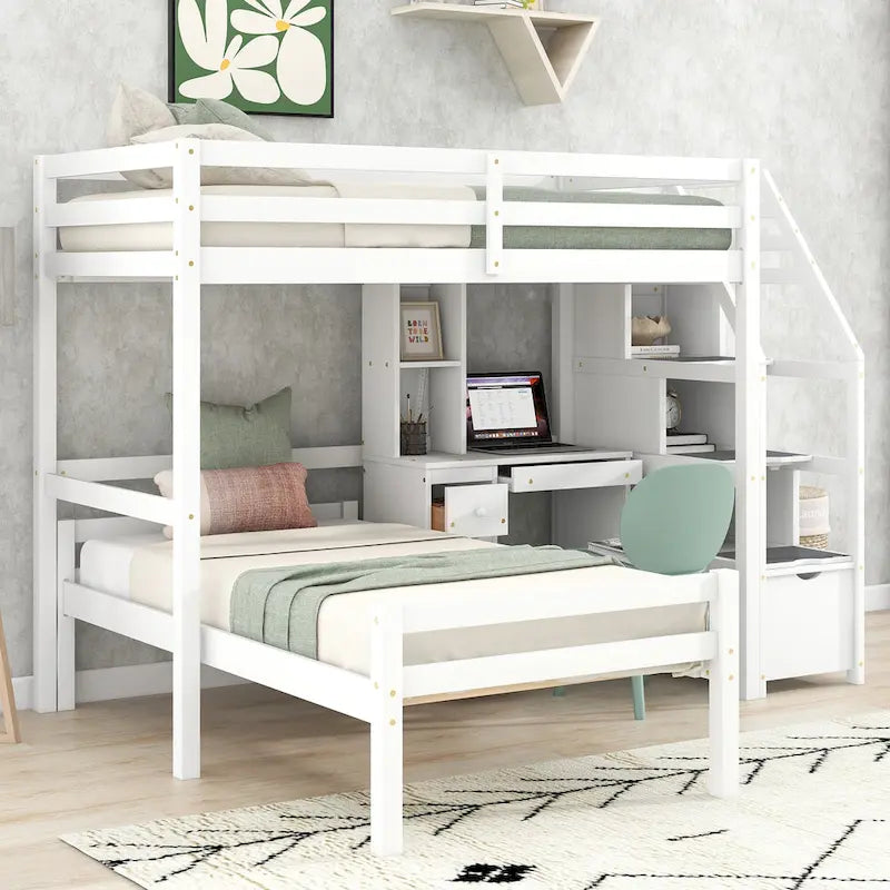 Loft Bed with a Stand-Alone Bed, Storage Staircase, Desk, Shelves and Drawers