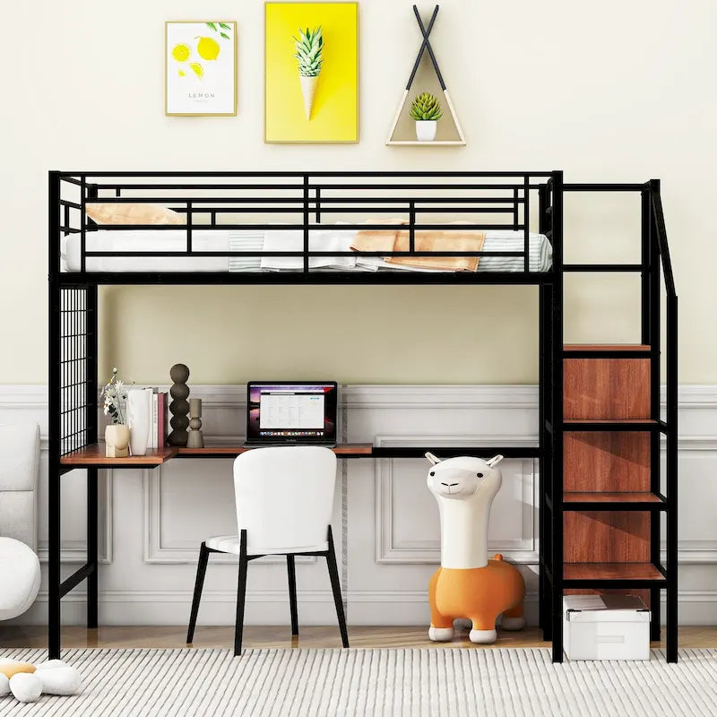 Twin Size Metal Loft Bed with Desk and Metal Grid, Stylish Metal Frame Bed with Lateral Storage Ladder and Wardrobe