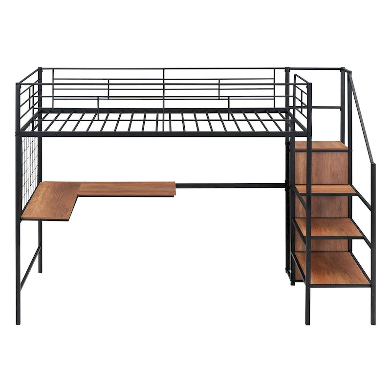Twin Size Metal Loft Bed with Desk and Metal Grid, Stylish Metal Frame Bed with Lateral Storage Ladder and Wardrobe