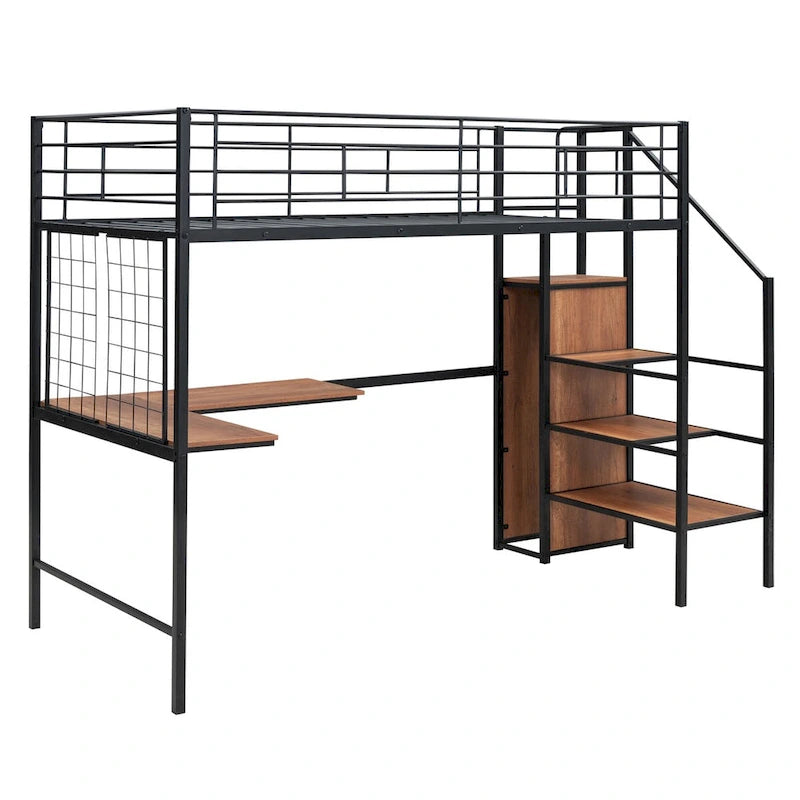 Twin Size Metal Loft Bed with Desk and Metal Grid, Stylish Metal Frame Bed with Lateral Storage Ladder and Wardrobe