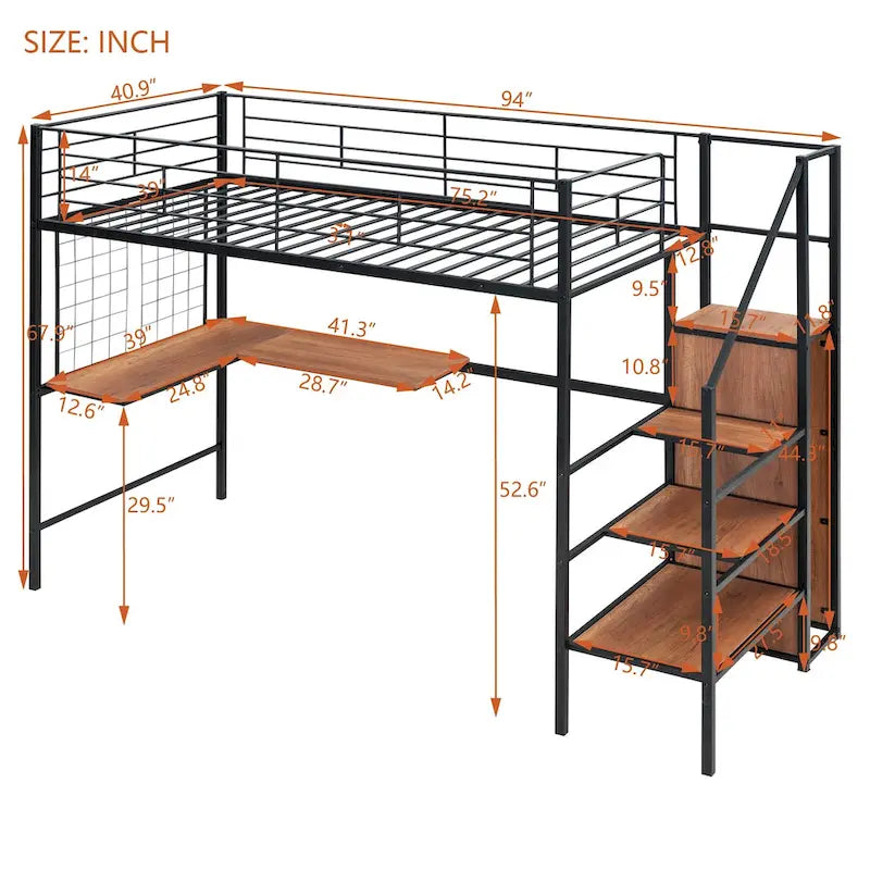 Twin Size Metal Loft Bed with Desk and Metal Grid, Stylish Metal Frame Bed with Lateral Storage Ladder and Wardrobe