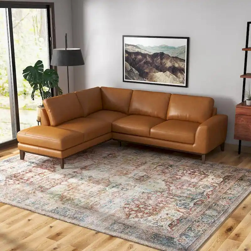Newport Furnishings Mid-Century Modern Top Grain Leather Corner Sectional Sofa in Tan