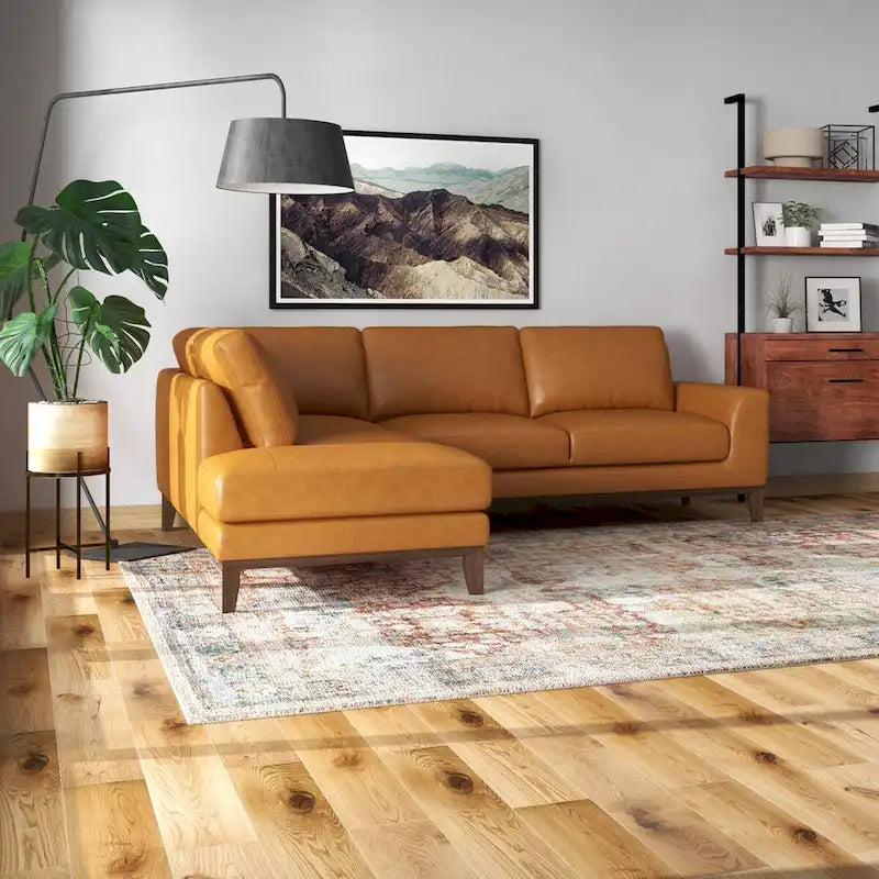 Newport Furnishings Mid-Century Modern Top Grain Leather Corner Sectional Sofa in Tan