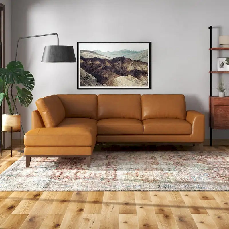 Newport Furnishings Mid-Century Modern Top Grain Leather Corner Sectional Sofa in Tan