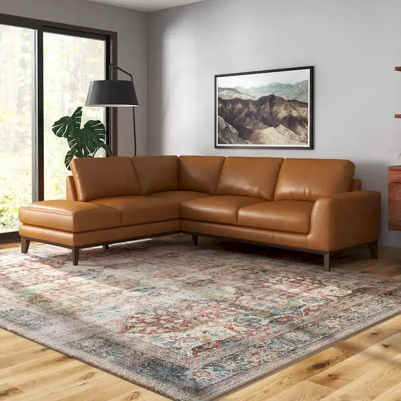 Newport Furnishings Mid-Century Modern Top Grain Leather Corner Sectional Sofa in Tan