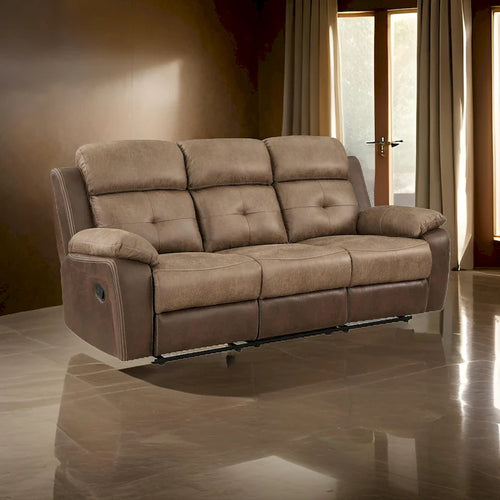Emma 84 Inch Double Manual Recliner Sofa, Soft Brown Microfiber, Solid Wood