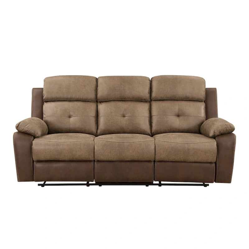 Emma 84 Inch Double Manual Recliner Sofa, Soft Brown Microfiber, Solid Wood