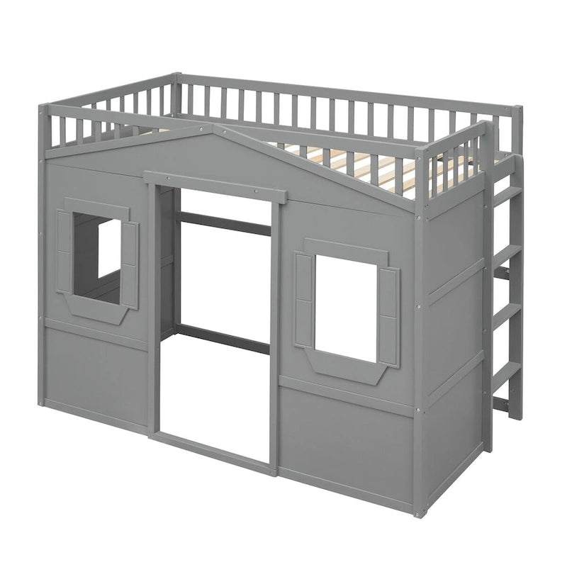 Gray Castle Style Twin Solid Pine Loft Bed with Ladder, Guard Rails