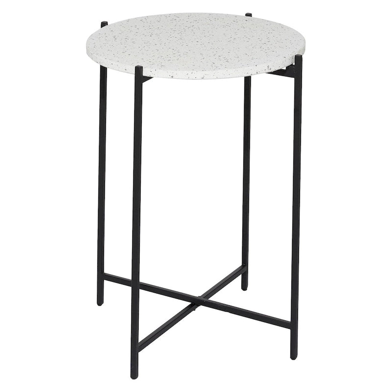 Terrazzo Stone Side End Accent Table with Black Metal X-Stand – White