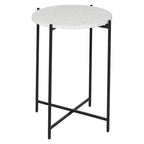 Terrazzo Stone Side End Accent Table with Black Metal X-Stand – White