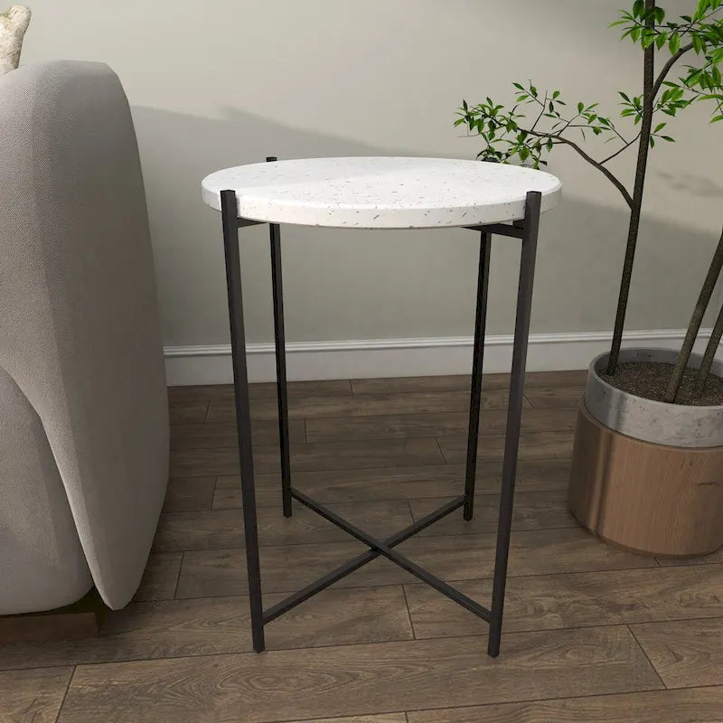 Terrazzo Stone Side End Accent Table with Black Metal X-Stand – White