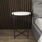 Terrazzo Stone Side End Accent Table with Black Metal X-Stand – White