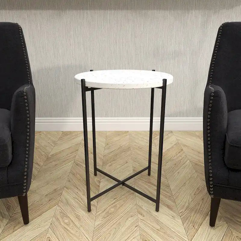 Terrazzo Stone Side End Accent Table with Black Metal X-Stand – White