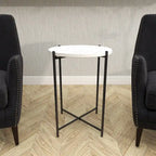Terrazzo Stone Side End Accent Table with Black Metal X-Stand – White