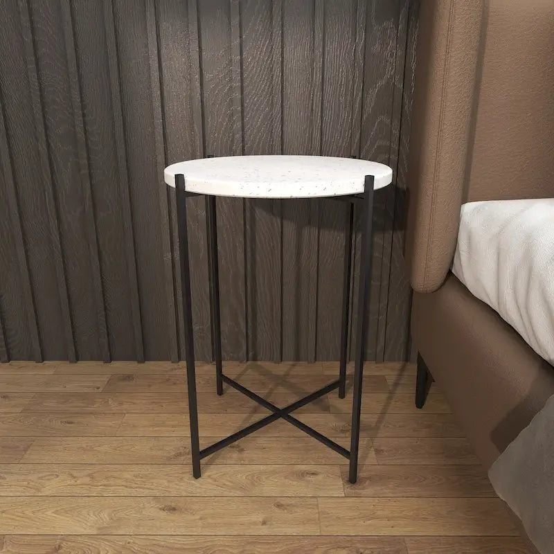 Terrazzo Stone Side End Accent Table with Black Metal X-Stand – White