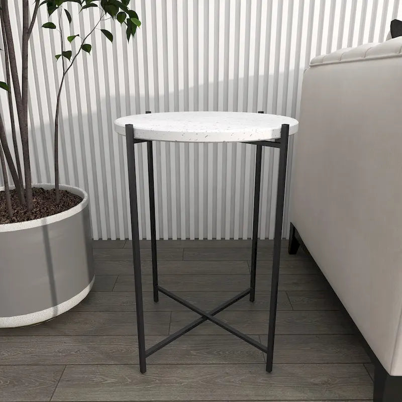 Terrazzo Stone Side End Accent Table with Black Metal X-Stand – White