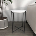 Terrazzo Stone Side End Accent Table with Black Metal X-Stand – White