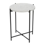 Terrazzo Stone Side End Accent Table with Black Metal X-Stand – White
