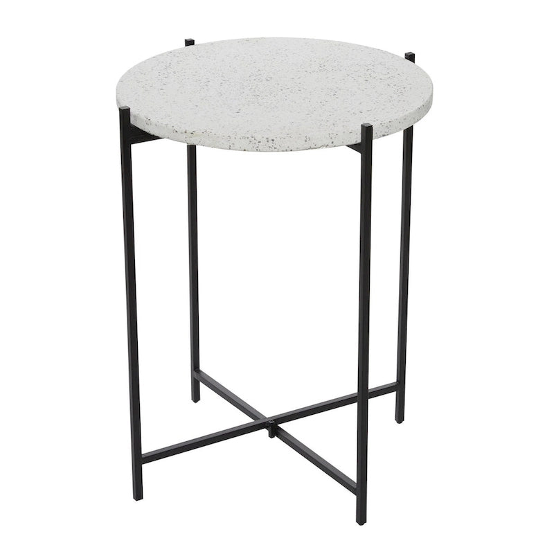 Terrazzo Stone Side End Accent Table with Black Metal X-Stand – White