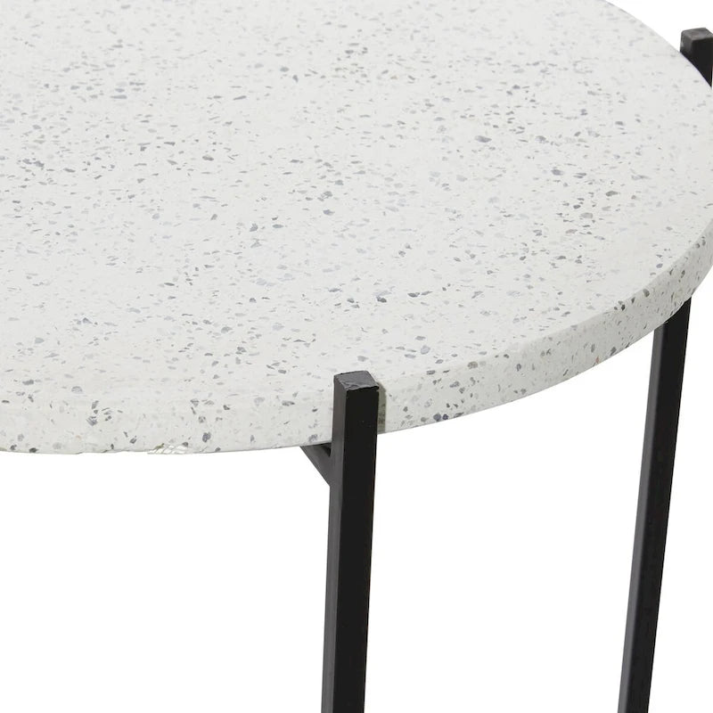Terrazzo Stone Side End Accent Table with Black Metal X-Stand – White