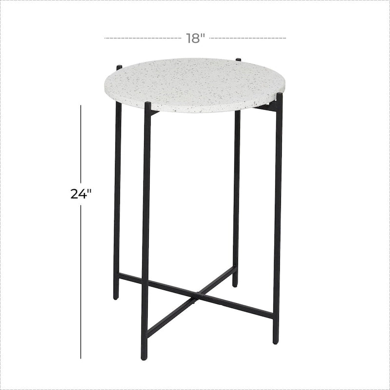 Terrazzo Stone Side End Accent Table with Black Metal X-Stand – White