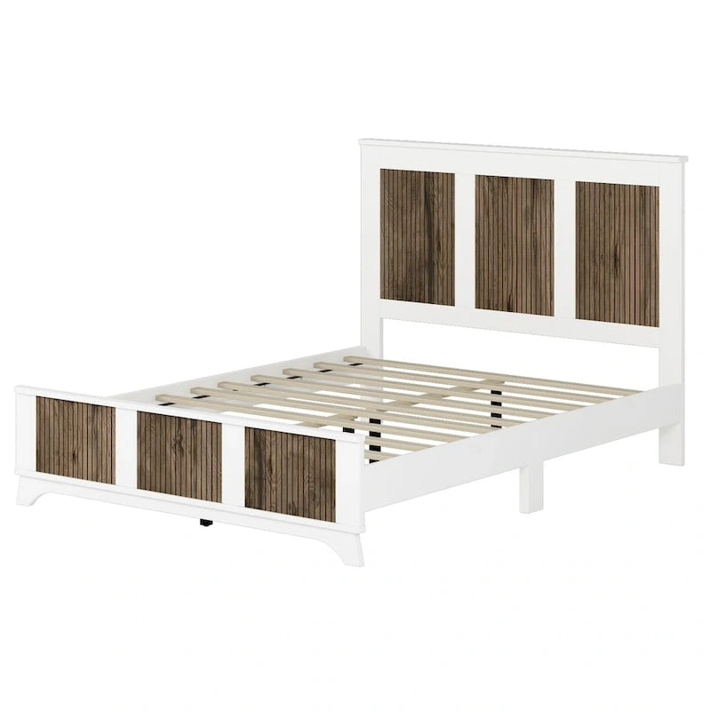 4-Pieces Bedroom Sets, Queen Size Farmhouse Platform Bed with Wooden Strip Decoration, Storage Nightstand and Dresser