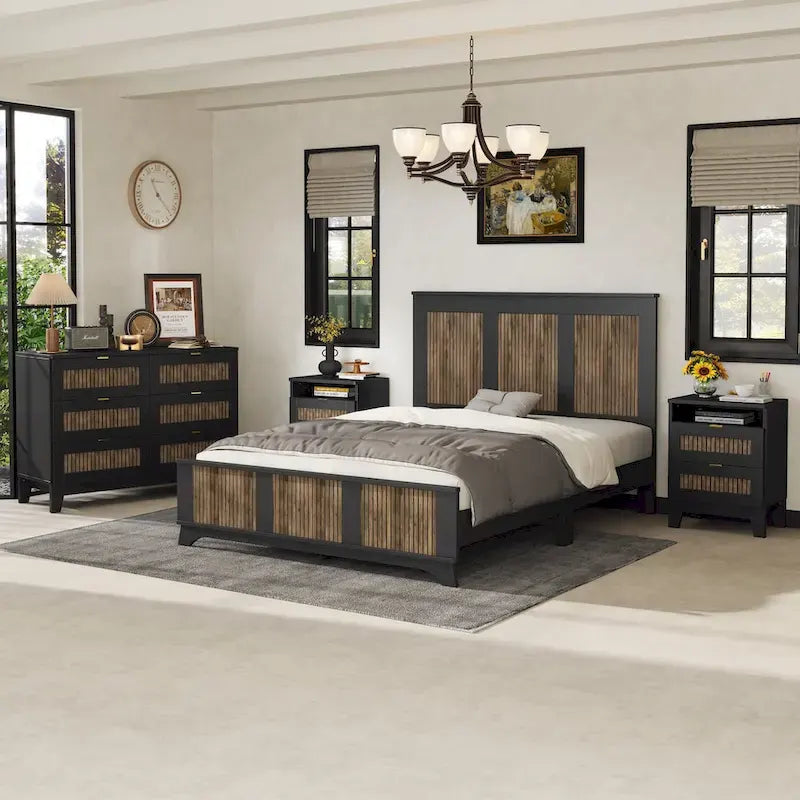 4-Pieces Bedroom Sets, Queen Size Farmhouse Platform Bed with Wooden Strip Decoration, Storage Nightstand and Dresser
