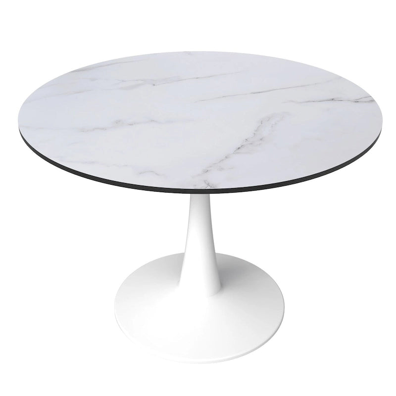LeisureMod Bristol 40 Round Dining Table for 4 with MDF Wood Tabletop in White Steel Base for Kitchen & Dining Room